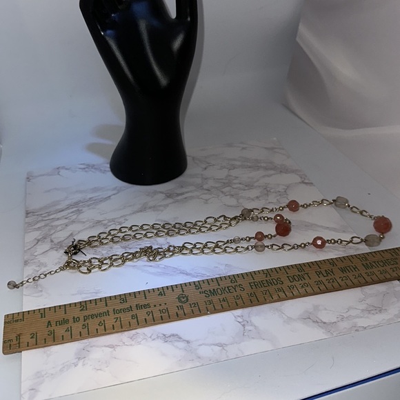 Double Necklace- Gold Chain, Pink, Clear Beads - Picture 2 of 4